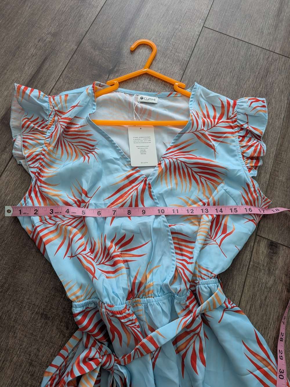 New With Tags! Light Blue Tropical Print Tie-Waist Romper - Picture 7 of 9